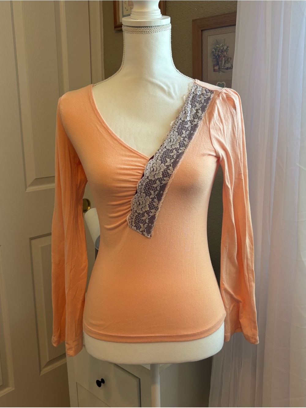 Solemio Peach Long Sleeve Top with Lace Accent